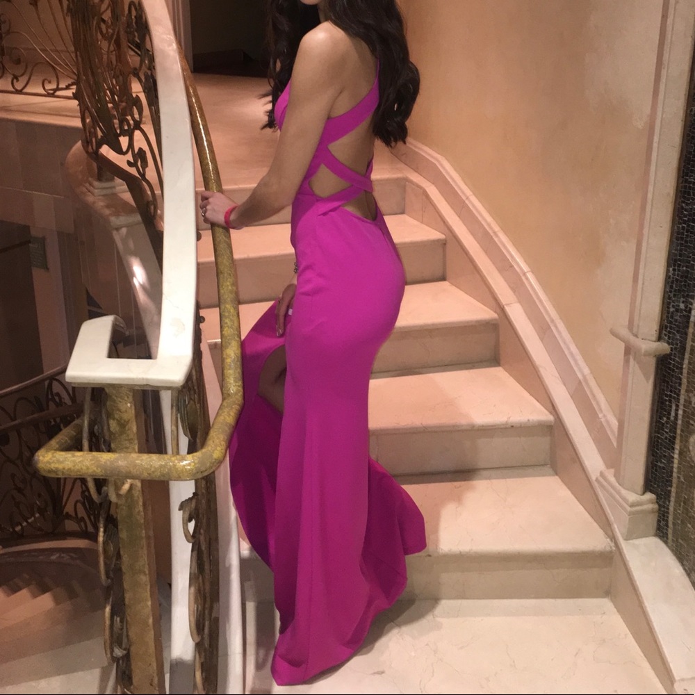 Fuschia Pink Open Back Slit Long Dress